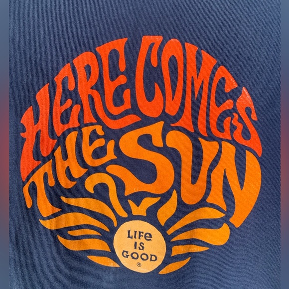 Life Is Good Tops - Life Is Good “Here Comes the Sun” (Large) Cobalt Blue with Orange & Yellow words